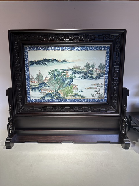古玩陶瓷青花邊粉彩山水通景紋瓷板真品鑒賞圖