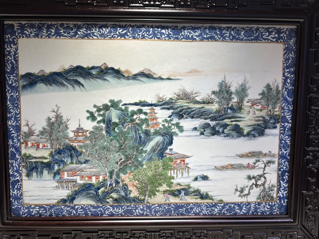 古玩陶瓷青花邊粉彩山水通景紋瓷板真品鑒賞圖