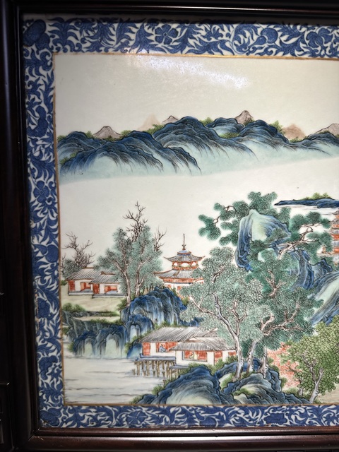 古玩陶瓷青花邊粉彩山水通景紋瓷板真品鑒賞圖
