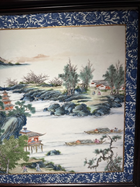 古玩陶瓷青花邊粉彩山水通景紋瓷板真品鑒賞圖