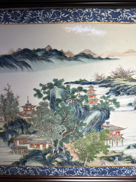 古玩陶瓷青花邊粉彩山水通景紋瓷板真品鑒賞圖