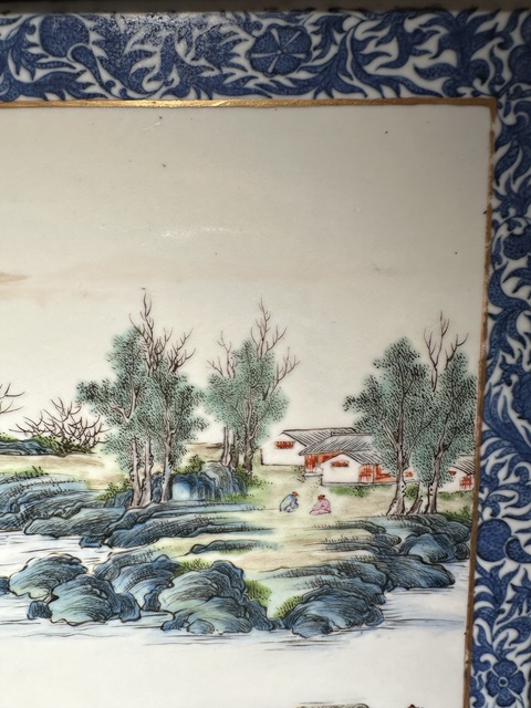 古玩陶瓷青花邊粉彩山水通景紋瓷板真品鑒賞圖