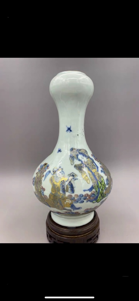古玩陶瓷清中晚期 青花釉里紅描金加彩人物故事蒜頭瓶拍賣，當前價格27777元
