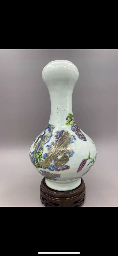 古玩陶瓷清中晚期 青花釉里紅描金加彩人物故事蒜頭瓶拍賣，當前價格27777元