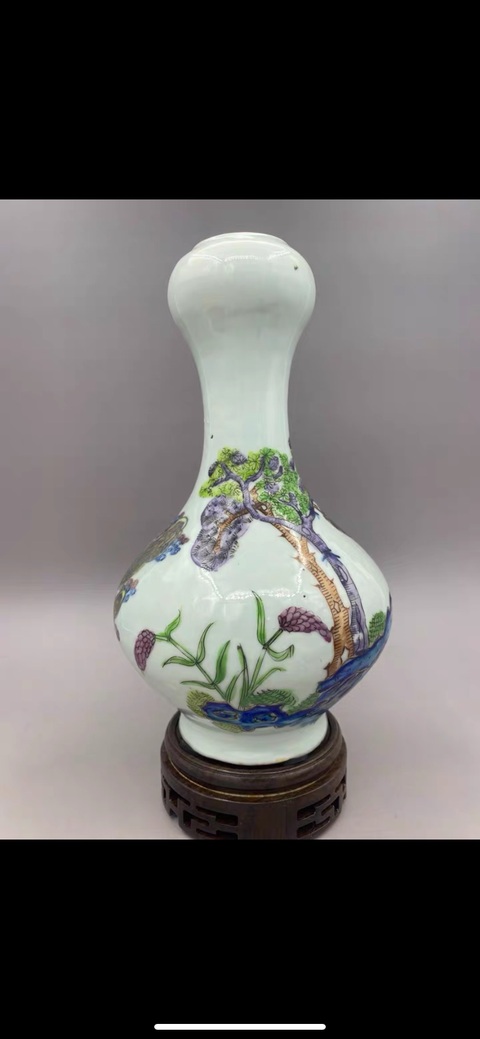 古玩陶瓷清中晚期 青花釉里紅描金加彩人物故事蒜頭瓶拍賣，當前價格27777元