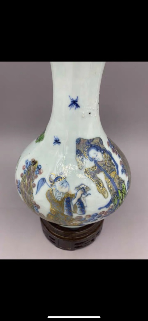 古玩陶瓷清中晚期 青花釉里紅描金加彩人物故事蒜頭瓶拍賣，當前價格27777元