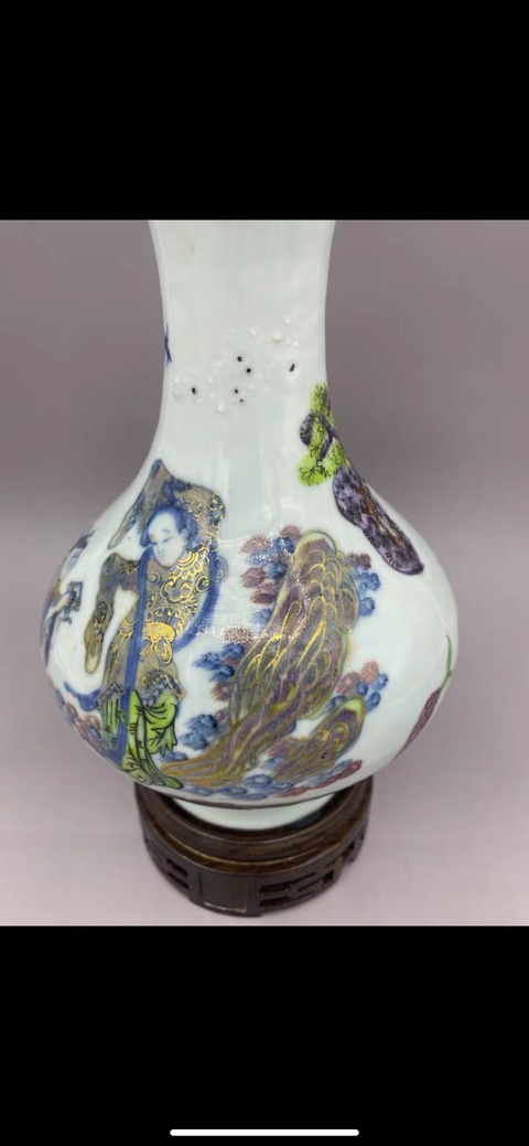 古玩陶瓷清中晚期 青花釉里紅描金加彩人物故事蒜頭瓶拍賣，當前價格27777元