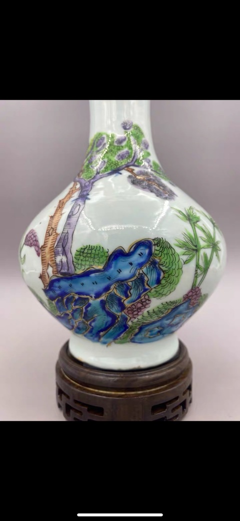 古玩陶瓷清中晚期 青花釉里紅描金加彩人物故事蒜頭瓶拍賣，當前價格27777元