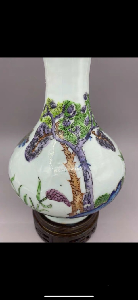古玩陶瓷清中晚期 青花釉里紅描金加彩人物故事蒜頭瓶拍賣，當前價格27777元