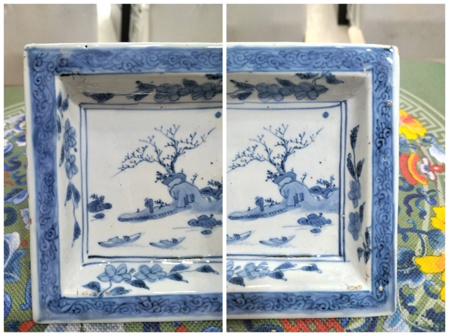 古玩陶瓷青花山水人物紋四方盤真品鑒賞圖