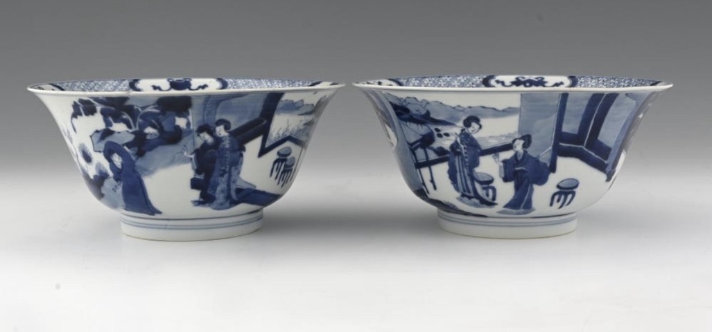 古玩陶瓷青花人物紋碗一對真品鑒賞圖