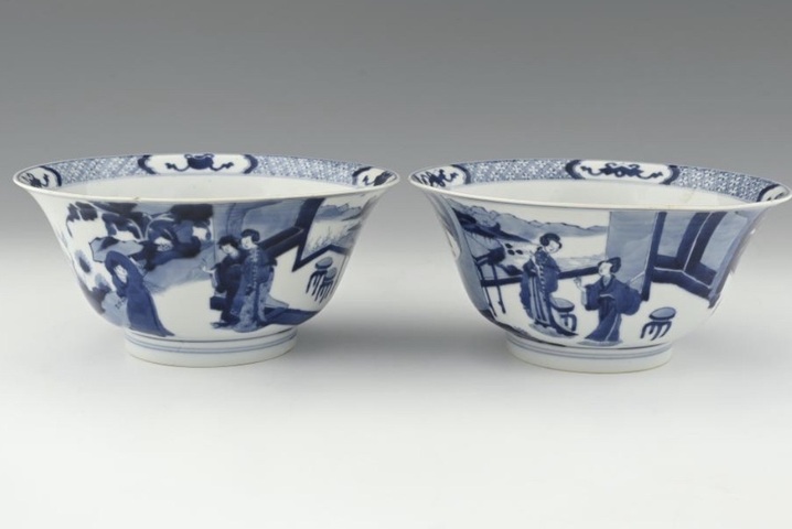 古玩陶瓷青花人物紋碗一對真品鑒賞圖