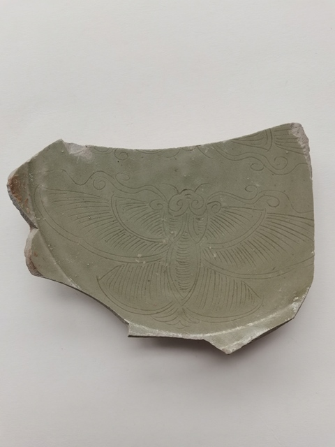 古玩陶瓷越窯青瓷刻蝴蝶紋標本真品鑒賞圖