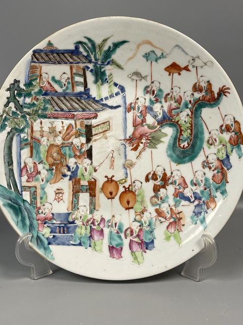 古玩陶瓷清中期粉彩百子鬧春盤拍賣，當前價格15800元