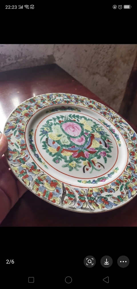 古玩陶瓷廣彩蝴蝶花卉紋盤拍賣，當前價格1268元
