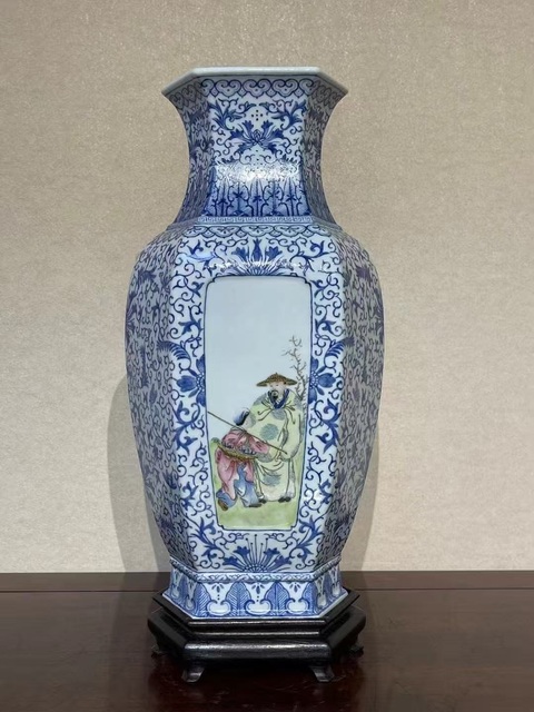 古玩陶瓷藍(lán)料彩開(kāi)窗人物六個(gè)方瓶真品鑒賞圖