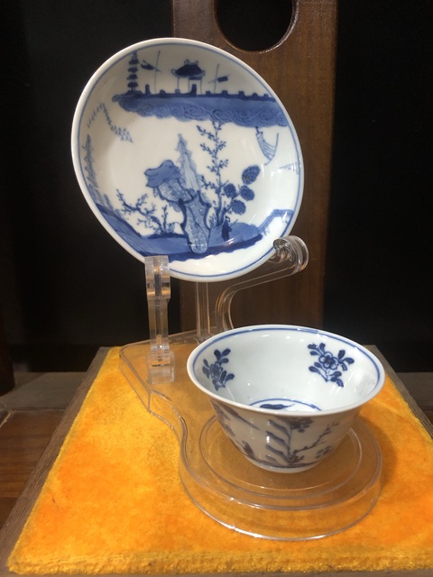 古玩陶瓷（館藏級杯碟）清·康熙·訪友圖·青花杯碟套裝拍賣，當前價格1456元