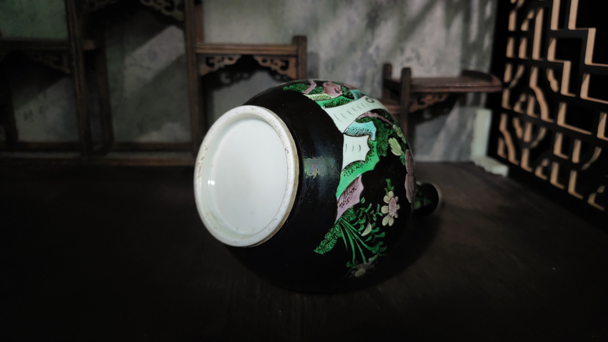 古玩陶瓷晚清·墨地素三彩富貴白頭花鳥天球瓶真品鑒賞圖