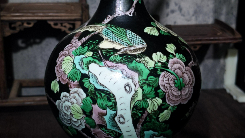 古玩陶瓷晚清·墨地素三彩富貴白頭花鳥天球瓶真品鑒賞圖