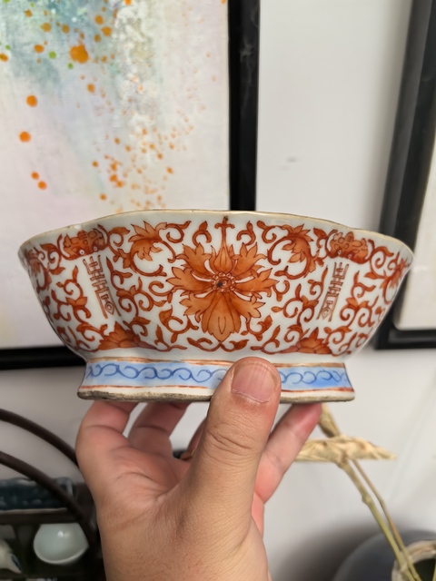 古玩陶瓷礬紅彩福壽紋貢碗真品鑒賞圖