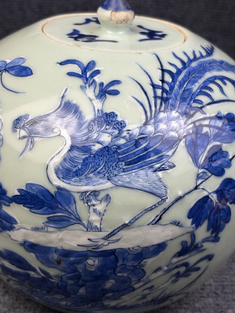 古玩陶瓷豆青釉青花加白鳳穿牡丹紋西瓜罐拍賣，當(dāng)前價格5588元