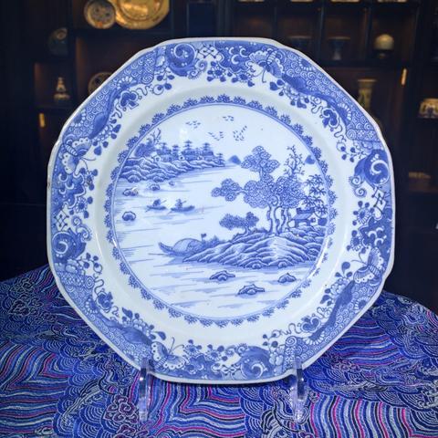 古玩陶瓷清乾隆·青花山水垂釣圖八方盤真品鑒賞圖