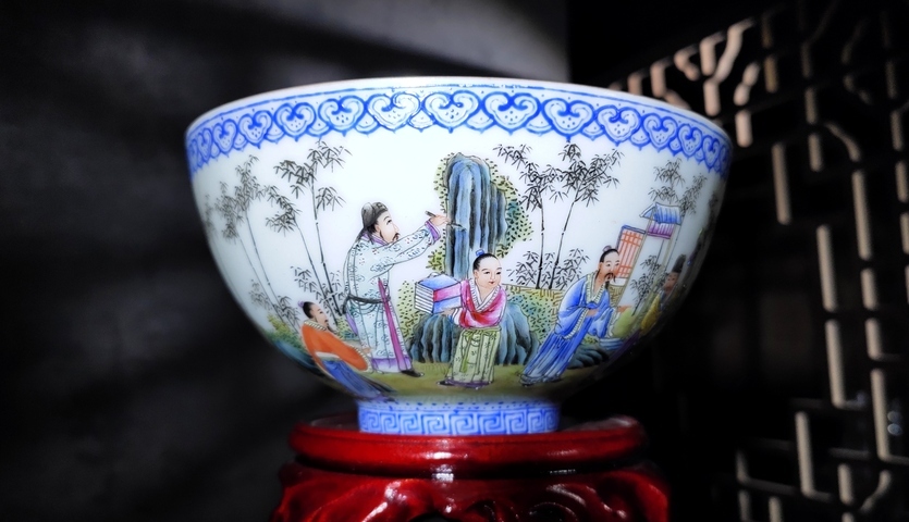 古玩陶瓷民國·粉彩仿琺瑯竹林七賢紋薄胎碗真品鑒賞圖