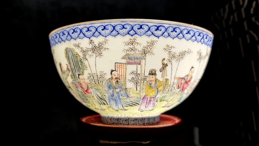 古玩陶瓷民國·粉彩仿琺瑯竹林七賢紋薄胎碗真品鑒賞圖