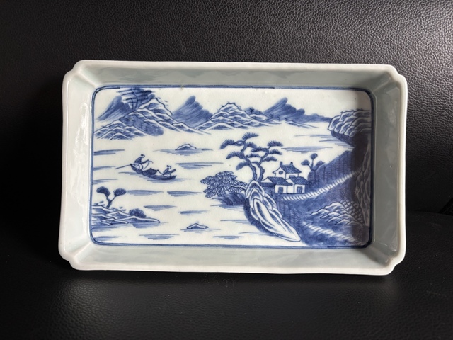 古玩陶瓷青花山水人物長方茶盤真品鑒賞圖