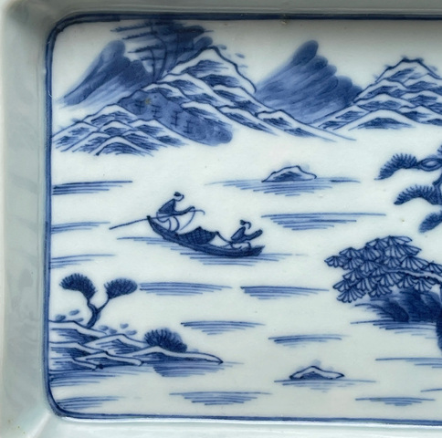 古玩陶瓷青花山水人物長方茶盤真品鑒賞圖