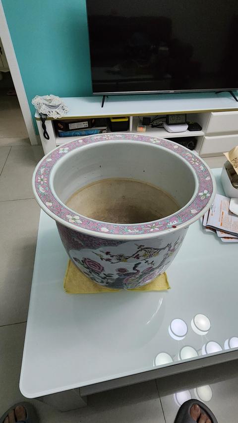 古玩陶瓷清晚期胭脂紅開(kāi)窗粉彩孔雀牡丹大花盆拍賣(mài)，當(dāng)前價(jià)格12800元