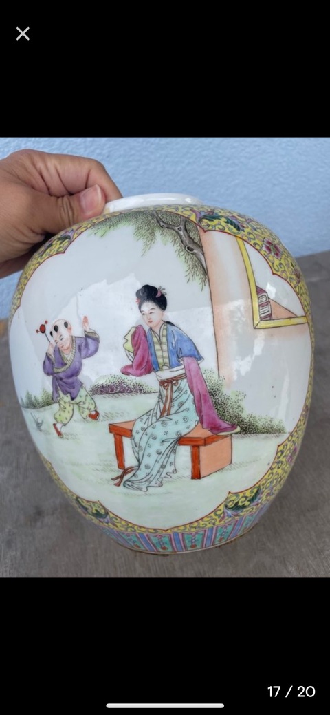 古玩陶瓷粉彩花卉開窗人物蓋罐真品鑒賞圖