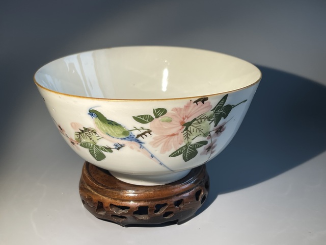 古玩陶瓷釉下彩花鳥紋茶碗·民國拍賣,當前價格140元
