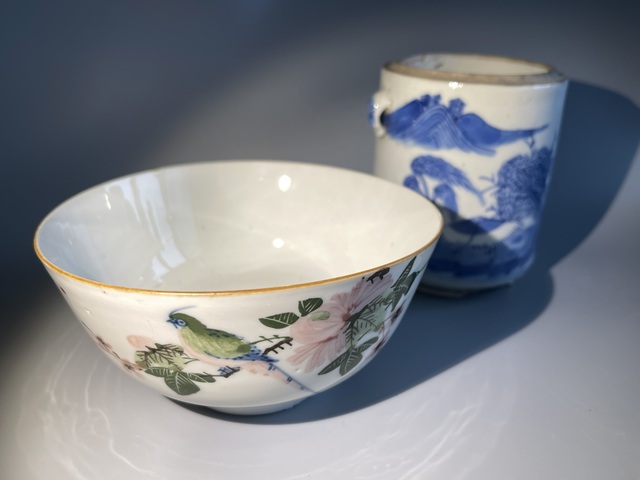 古玩陶瓷釉下彩花鳥紋茶碗·民國拍賣,當前價格140元