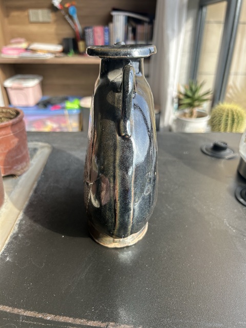 古玩陶瓷金元耀州窯黑釉樹葉紋扁壺（西夏風格）拍賣，當前價格1500元