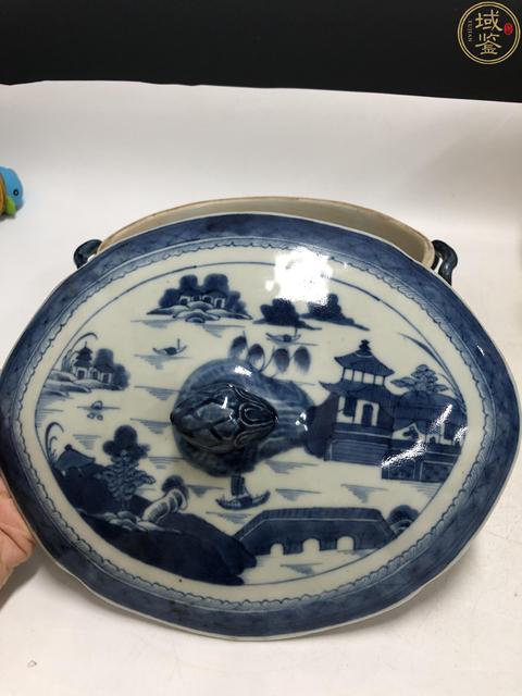 古玩陶瓷青花山水人物紋蓋鍋真品鑒賞圖