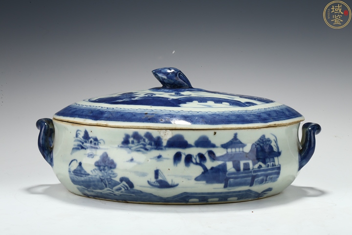 古玩陶瓷青花山水人物紋蓋鍋真品鑒賞圖