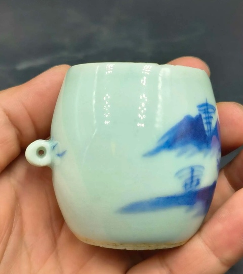 古玩陶瓷清晚期青花山水人物紋鳥食罐拍賣,當前價格1100元