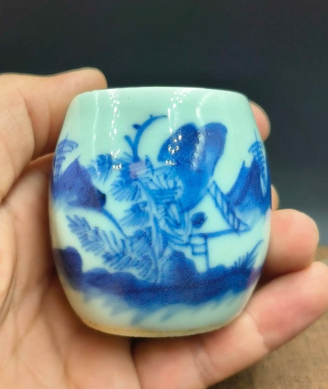 古玩陶瓷清晚期青花山水人物紋鳥食罐拍賣,當前價格1100元