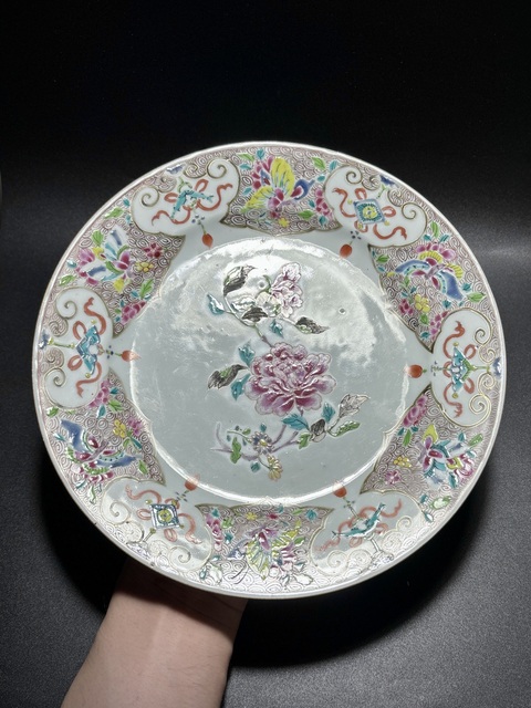 古玩陶瓷清雍正·如意云頭粉彩花卉紋折沿盤拍賣，當前價格1280元