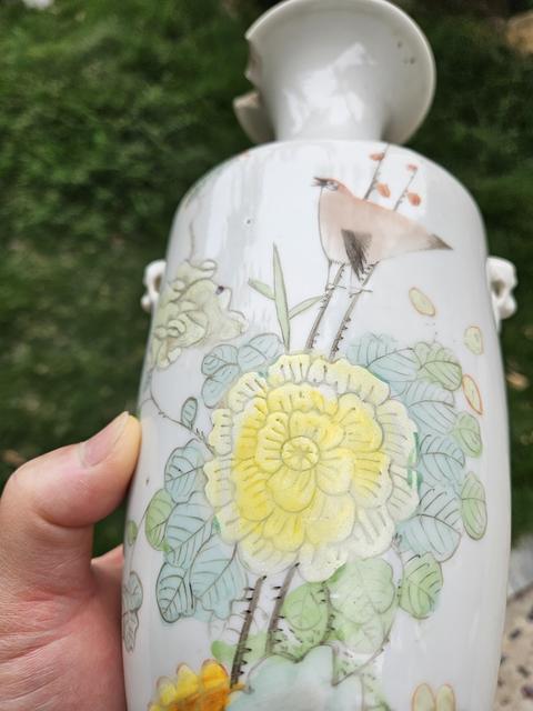 中国　粉彩花鳥文　双耳瓶　高さ約41cm　V　R7643F 域鉴古玩】粉彩花鸟纹双耳瓶鉴定结果_粉彩花鸟纹双耳瓶真假鉴别