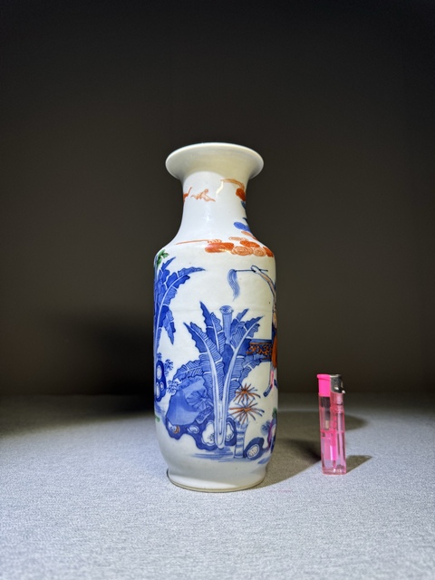 古玩陶瓷青花人物加彩筒瓶真品鑒賞圖