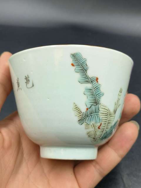 古玩陶瓷粉彩仕女人物詩文杯真品鑒賞圖