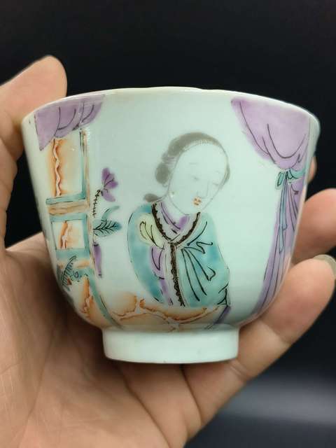 古玩陶瓷粉彩仕女人物詩文杯真品鑒賞圖