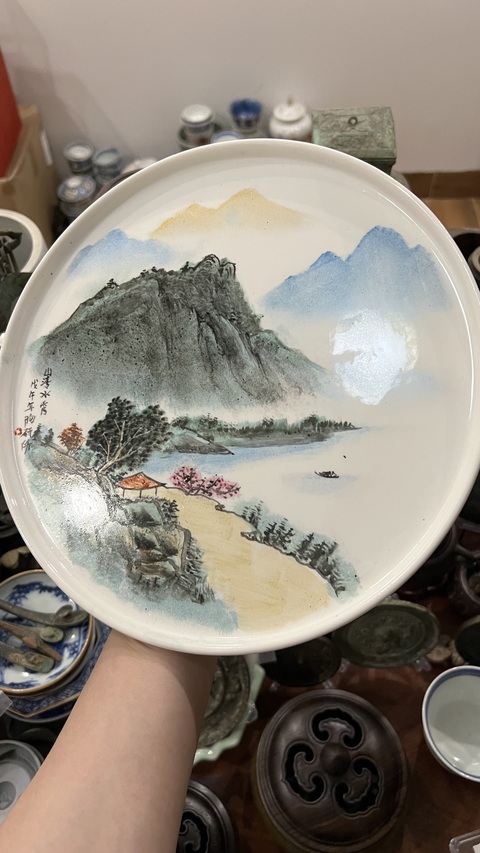 古玩陶瓷山水紋盤拍賣,當前價格199元