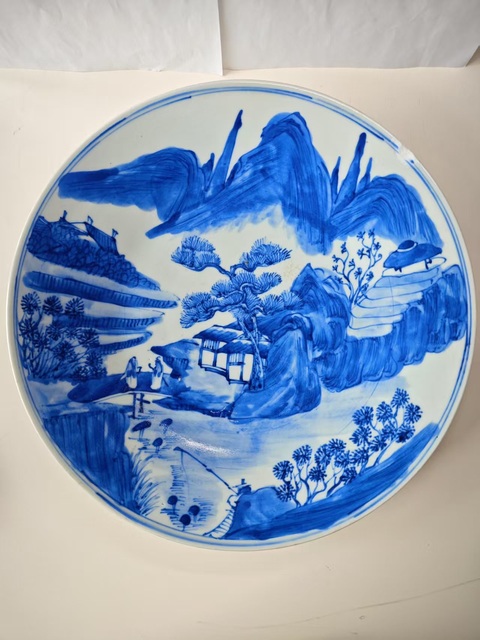 古玩陶瓷清中晚期青花山水人物紋盤拍賣，當前價格7654元