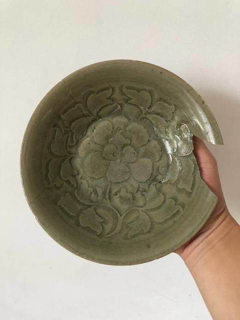 古玩陶瓷耀州窯青釉刻花盤真品鑒賞圖