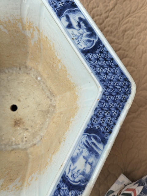 古玩陶瓷清中早·青花高士人物紋六方花盆 真品鑒賞圖