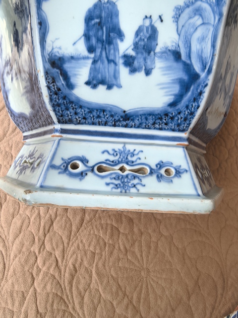 古玩陶瓷清中早·青花高士人物紋六方花盆 真品鑒賞圖