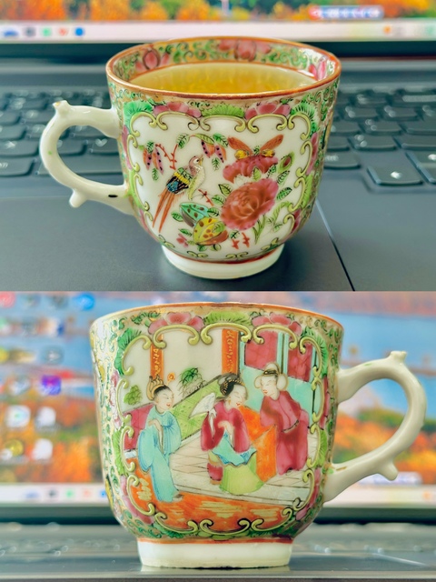 古玩陶瓷人物花鳥蝶紋廣彩執(zhí)杯真品鑒賞圖
